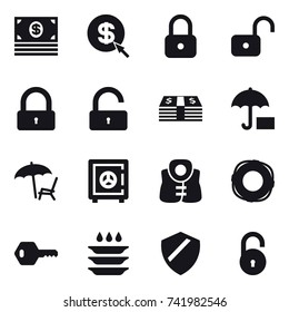 16 vector icon set : money, dollar arrow, lock, unlock, lounger, safe, life vest, lifebuoy, key, plate washing