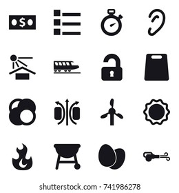 16 vector icon set : money, list, stopwatch, train, unlocked, cutting board, blower