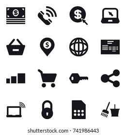 16 vector icon set : money, call, dollar arrow, notebook, remove from basket, dollar pin, cart, key, bucket and broom