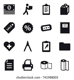 16 vector icon set : money, courier, clipboard, shopping bag, sale label, percent, ticket, copybook, drawing compass, toilet paper, paper towel