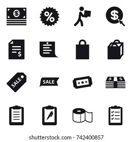 16 vector icon set : money, percent, courier, dollar arrow, account balance, shopping list, shopping bag, sale label, sale, ticket, toilet paper, clipboard list