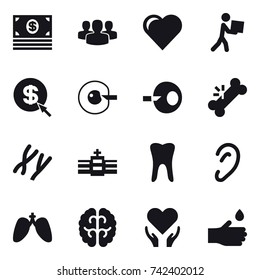 16 vector icon set : money, group, heart, courier, dollar arrow, cell corection, hand drop