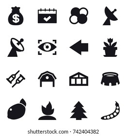 16 vector icon set : money bag, calendar, atom core, satellite antenna, eye identity, left arrow, flower, barn, greenhouse, stadium, sprouting, spruce, peas