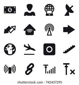 16 vector icon set : money, woman, notebook globe, satellite antenna, up down arrow, wireless home, antenna, right arrow, arrival, ring button, stairs