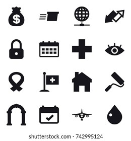 16 vector icon set : money bag, delivery, globe connect, up down arrow, lock, calendar, home, repair, arch, plane, drop
