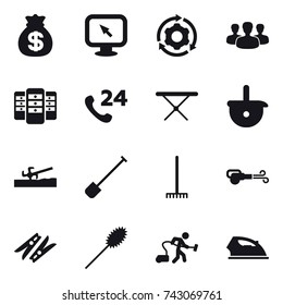 16 vector icon set : money bag, monitor arrow, around gear, group, server, iron board, soil cutter, shovel, rake, blower, clothespin, duster, vacuum cleaner, iron