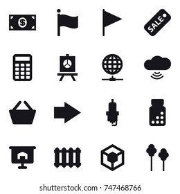 16 vector icon set : money, flag, sale, calculator, presentation, globe connect, cloud wireless, basket, right arrow, spark plug, radiator, trees