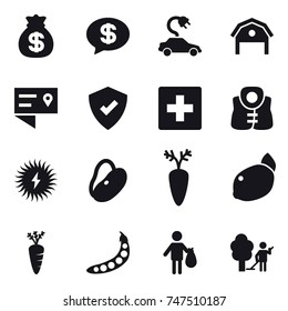 16 vector icon set : money bag, money message, electric car, barn, first aid, life vest, carrot, peas, trash, garden cleaning
