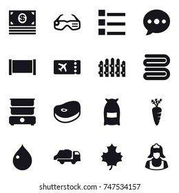 16 vector icon set : money, smart glasses, list, ballon, fence, ticket, towel, flour, carrot, drop, trash truck, maple leaf, cleaner