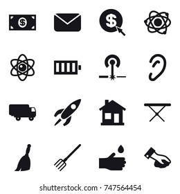 16 vector icon set : money, mail, dollar arrow, atom, battery, laser, home, iron board, broom, fork, hand drop, wiping