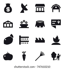 16 vector icon set : money bag, satellite antenna, market, barn, greenhouse, flower bed, stadium, watering, seedling, sprouting, tomato, carrot, rake, garden cleaning