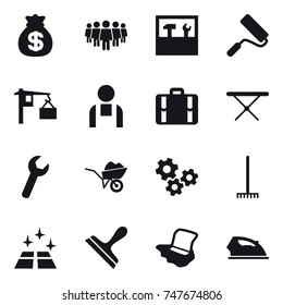 16 vector icon set : money bag, team, tools, repair, suitcase, iron board, wheelbarrow, gears, rake, clean floor, scraper, floor washing, iron