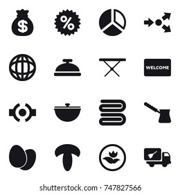16 vector icon set : money bag, percent, diagram, core splitting, service bell, iron board, welcome mat, cauldron, towel, turk, ecology, home call cleaning