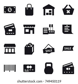 16 vector icon set : money, shopping bag, warehouse, delete cart, credit card, shop, store, shopping list, market, sale, barcode