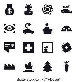 16 vector icon set : money bag, call center, atom, eco car, eye identity, electric car, dome house, first aid, flower in window, seedling, sprouting, spruce, carrot