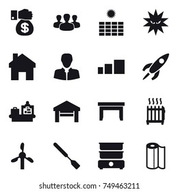 16 vector icon set : money gift, group, sun power, home, baggage checking, garage, table, radiator, spatula, paper towel