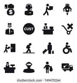 16 vector icon set : money gift, call center, courier, jet robot, tourist, passenger, invalid, reception, trash, home call cleaning