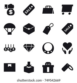 16 vector icon set : money gift, sale, shopping bag, delivery, parachute, box, label, sale label, diamond, necklace