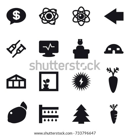 16 vector icon set : money message, atom, left arrow, dome house, greenhouse, flower in window, watering, spruce, carrot