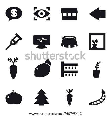 16 vector icon set : money message, eye identity, market, left arrow, stadium, flower in window, watering, seedling, tomato, spruce, carrot, peas