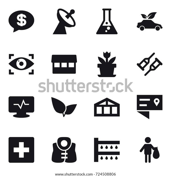 16 vector icon set : money message,
satellite antenna, flask, eco car, eye identity, market, flower,
greenhouse, first aid, life vest, watering,
trash