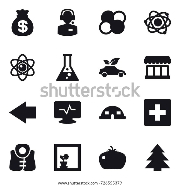 16 vector icon set :\
money bag, call center, atom core, atom, flask, eco car, market,\
left arrow, dome house, first aid, life vest, flower in window,\
tomato, spruce
