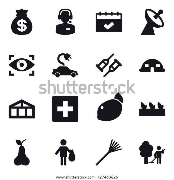 16
vector icon set : money bag, call center, calendar, satellite
antenna, eye identity, electric car, dome house, greenhouse, first
aid, seedling, pear, trash, rake, garden
cleaning