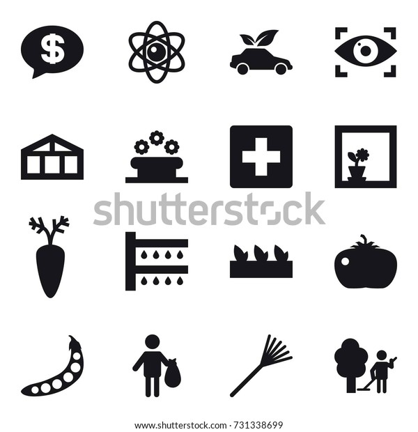 16
vector icon set : money message, atom, eco car, eye identity,
greenhouse, flower bed, first aid, flower in window, watering,
seedling, tomato, peas, trash, rake, garden
cleaning