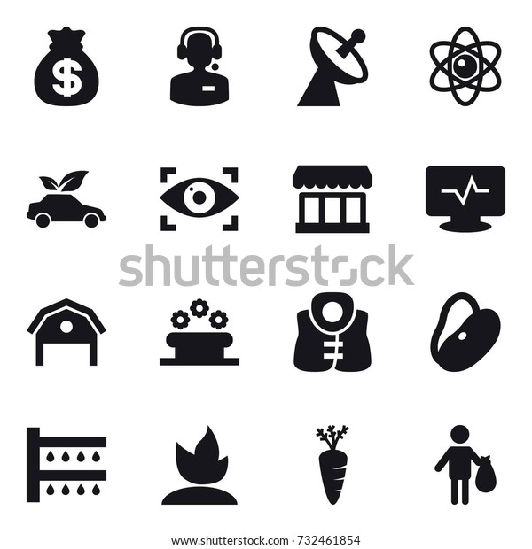 16 vector icon set :
money bag, call center, satellite antenna, atom, eco car, eye
identity, market, barn, flower bed, life vest, watering, sprouting,
carrot, trash