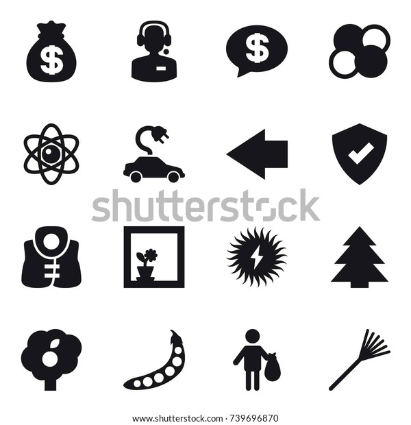 16 vector icon set :\
money bag, call center, money message, atom core, atom, electric\
car, left arrow, life vest, flower in window, spruce, garden, peas,\
trash, rake
