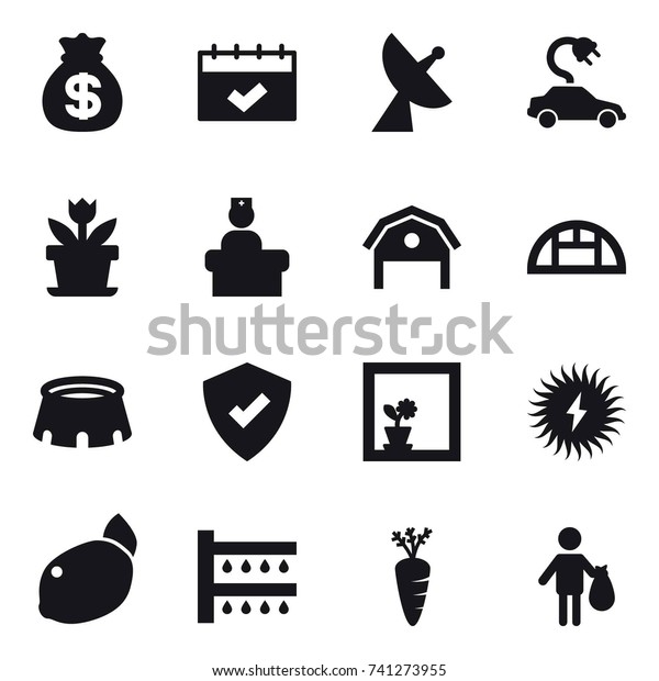 16 vector icon set : money bag, calendar,\
satellite antenna, electric car, flower, barn, greenhouse, stadium,\
flower in window, watering, carrot,\
trash