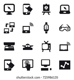 16 vector icon set : monitor arrow, touch, presentation, notebook, notebook connect, notebook wireless, smartwatch, smart glasses, market scales, scales, tv