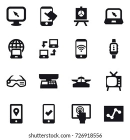 16 vector icon set : monitor arrow, touch, presentation, notebook, notebook globe, notebook connect, phone wireless, smartwatch, smart glasses, market scales, scales, tv, mobile checking