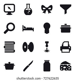 16 vector icon set : monitor arrow, round flask, bow, funnel, bulb, pan, towels, knife, cheese
