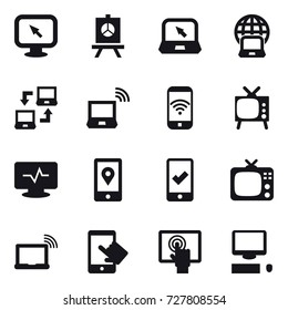 16 vector icon set : monitor arrow, presentation, notebook, notebook globe, notebook connect, notebook wireless, phone wireless, tv, mobile checking