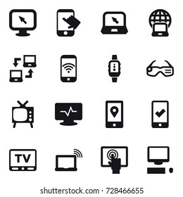 16 vector icon set : monitor arrow, touch, notebook, notebook globe, notebook connect, phone wireless, smartwatch, smart glasses, tv, mobile checking