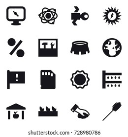 16 vector icon set : monitor arrow, atom, satellite, sun power, percent, tools, stadium, watering, warehouse, seedling, wiping, duster