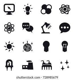 16 vector icon set : monitor arrow, bulb, atom core, atom, discussion, table lamp, ballon, sun, disco ball, shining