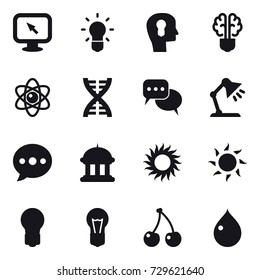 16 vector icon set : monitor arrow, bulb, bulb head, bulb brain, atom, dna, discussion, table lamp, ballon, goverment house, sun, cherry, drop
