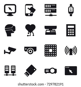 16 vector icon set : monitor arrow, touch, server, smartwatch, virtual mask, cardio chip, market scales, calculator, surveillance, surveillance camera