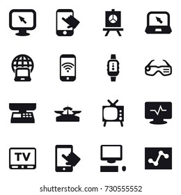 16 vector icon set : monitor arrow, touch, presentation, notebook, notebook globe, phone wireless, smartwatch, smart glasses, market scales, scales, tv