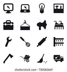 16 vector icon set : monitor arrow, notebook, bulb, tools, loudspeaker, whisk, rolling pin, watering, axe, wheelbarrow, broom, home call cleaning