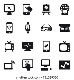 16 vector icon set : monitor arrow, touch, presentation, notebook globe, phone wireless, smartwatch, smart glasses, market scales, tv, mobile checking