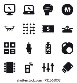 16 vector icon set : monitor arrow, notebook, virtual mask, crypto currency, drone, chip, receipt, scales, calculator, spark plug, remote control