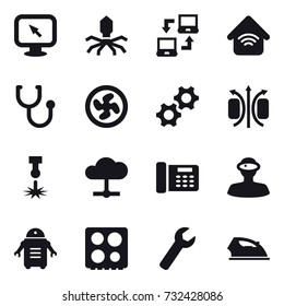 16 vector icon set : monitor arrow, virus, notebook connect, wireless home, cooler fan, wrench, iron