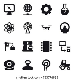 16 vector icon set : monitor arrow, globe connect, gear, round flask, atom, antenna, drone, coffee maker, tractor
