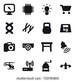 16 vector icon set : monitor arrow, chip, bulb, cart, camera, surveillance camera, stool, bell, hand mill, hard reach place cleaning