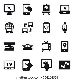 16 vector icon set : monitor arrow, touch, presentation, notebook, notebook globe, notebook connect, phone wireless, smartwatch, market scales, scales, tv