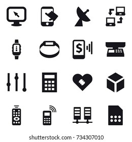 16 vector icon set : monitor arrow, touch, satellite antenna, notebook connect, smartwatch, smart bracelet, mobile pay, market scales, equalizer, calculator, 3d, remote control