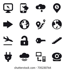 16 vector icon set : monitor arrow, touch, cloude service, dollar pin, right arrow, earth, arrival, unlocked, key, stairs